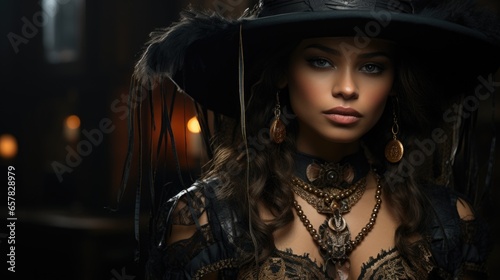 Portrait fantasy african american woman dark queen. Halloween Girl voodoo witch.