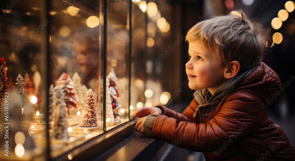 small child stand on the street near a shop window decorated with New Year's garlands small child stand on the street near a shop window decorated with New Year's garlands