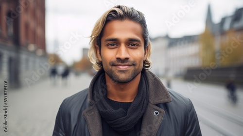 Smiling Adult Indian Man with Blond Straight Hair Photo. Portrait of Casual Person in City Street. Photorealistic Ai Generated Horizontal Illustration..