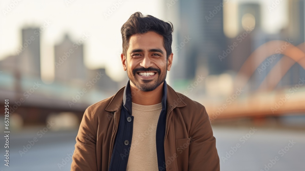 Smiling Adult Indian Man with Brown Straight Hair Photo. Portrait of Casual Person in City Street. Photorealistic Ai Generated Horizontal Illustration.. Smiling Adult Indian Man with Brown Straight Hair Photo. Portrait of Casual Person in City Street. Photorealistic Ai Generated Horizontal Illustration..