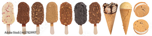 Chocolate ice creams with icing of different colors. A big set of ice cream of different types, flavors on a white isolated background.