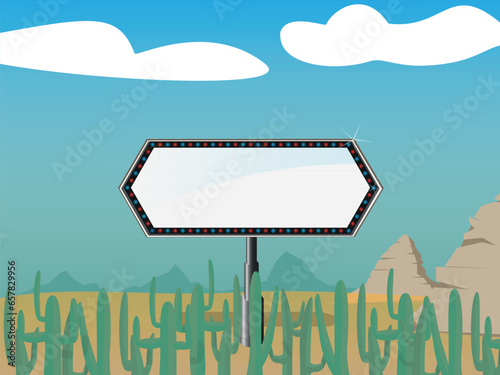 Outdoor business advertisement concept with realistic billboard near road in desert	
