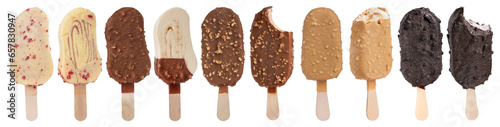 Chocolate ice creams with icing of different colors. A set of ice cream of different types, flavors on a white isolated background.