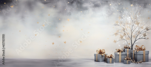 Generative AI, Christmas or New Year minimalistic background with gift boxes, silver and golden bokeh lights, muted colors