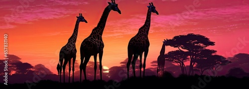 landscape of giraffe silhouettes at sunset photo