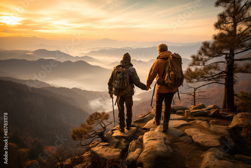 Hikers reaching the mountain top, celebrating success together. Friendship, accomplishment, and the beauty of nature. 