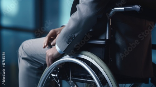 A man in a wheelchair without face. Close-up. Dramatic style, size 16:9. Patient with disability. Man with disability