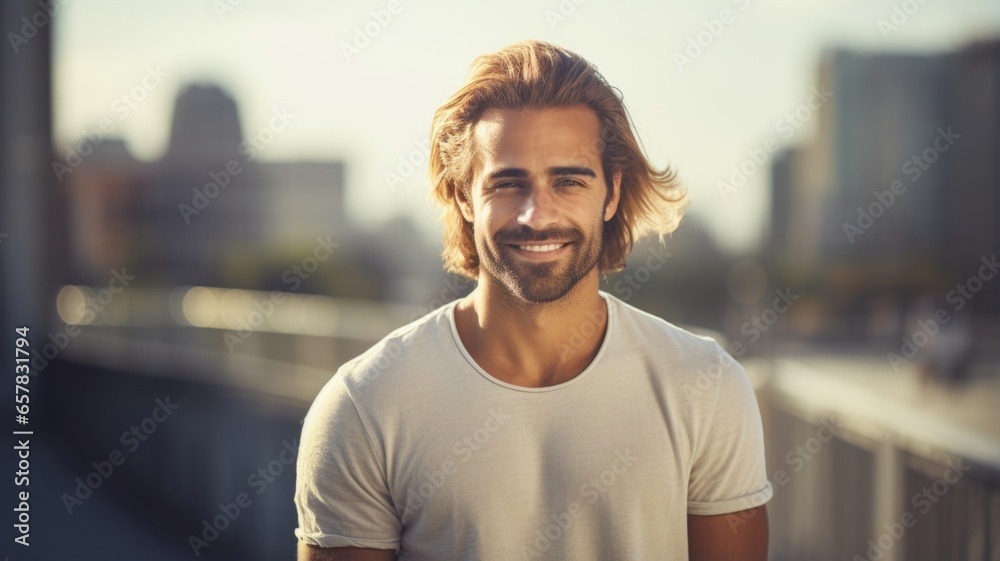 Smiling Adult Persian Man with Blond Straight Hair Photo. Portrait of Casual Person in City Street. Photorealistic Ai Generated Horizontal Illustration..
