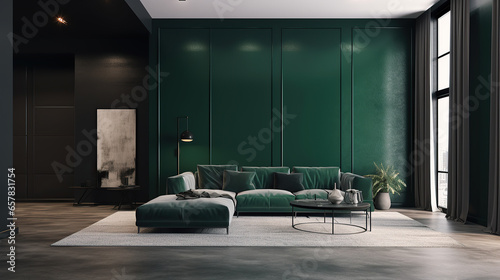 A modern living room in a minimalist millenium crib, high ceiling and filled with This midnight green