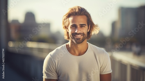 Smiling Adult Persian Man with Blond Straight Hair Photo. Portrait of Casual Person in City Street. Photorealistic Ai Generated Horizontal Illustration..