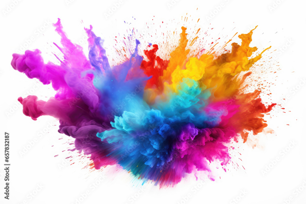 Colorful rainbow holi paint color powder explosion isolated white background - obrazy, fototapety, plakaty 