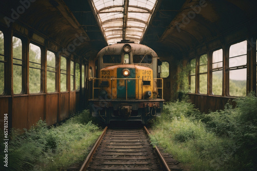 Abandoned train in the depo forest long time ago photo