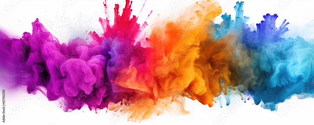 Colorful rainbow holi paint color powder explosion isolated white background