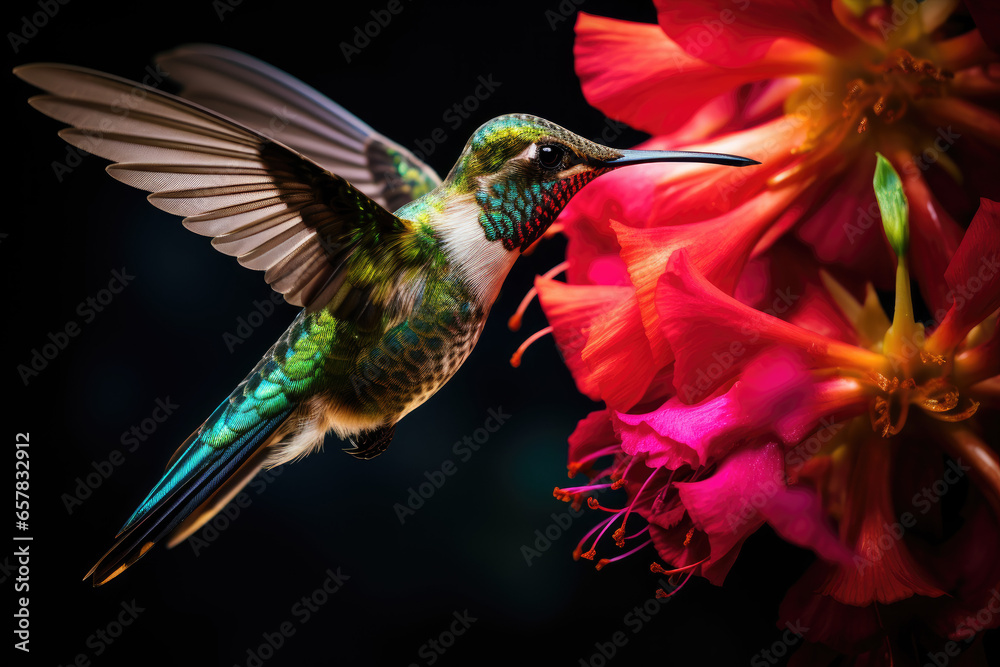 Fototapeta premium Hummingbird sipping nectar from a colorful flower