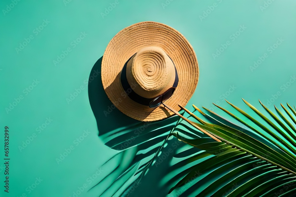Summer flat lay with straw hat and sunglasses on green background with palm leaf shadow, sun and sunlight. Vacation, holiday, summer creative minimal concept.