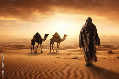 Arab shepherd of the camels standing in the desert and looking to his camels, arabian farmer concept. Generative Ai