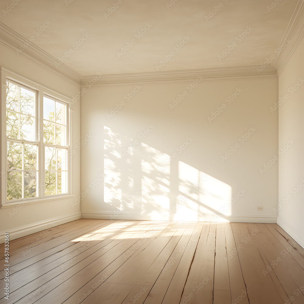 Fototapeta premium An empty bedroom with the sun shining through the window. Generative ai. 