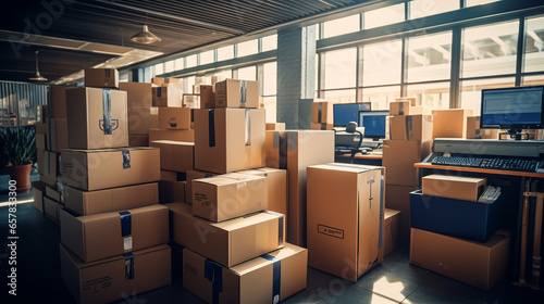 A large stack of cardboard boxes lies inside the office. ai generative