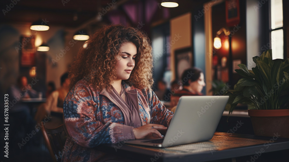 Fototapeta premium Body positive plus size woman using laptop in coffee shop. ai generative