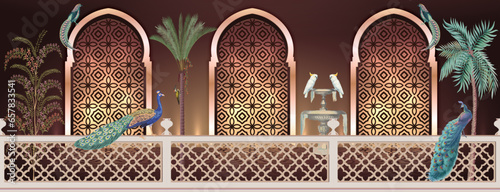 Chinoiseries peacock, Birds Palace garden royal Wallpaper. Vector File.