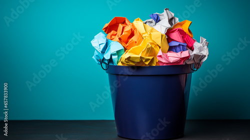 Various coloured crumpled papers in a waste paper basket. ai generative