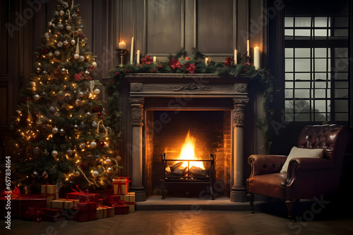 A Christmas Tree Adorned Beside a Cozy Fireplace in a Room