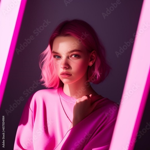 beautiful feminine woman in spring outfit dress holding hands crossed on chest and smiling with conf photo