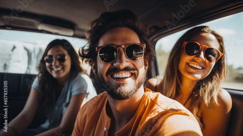 Group of friends on a road trip inside a car. ai generative