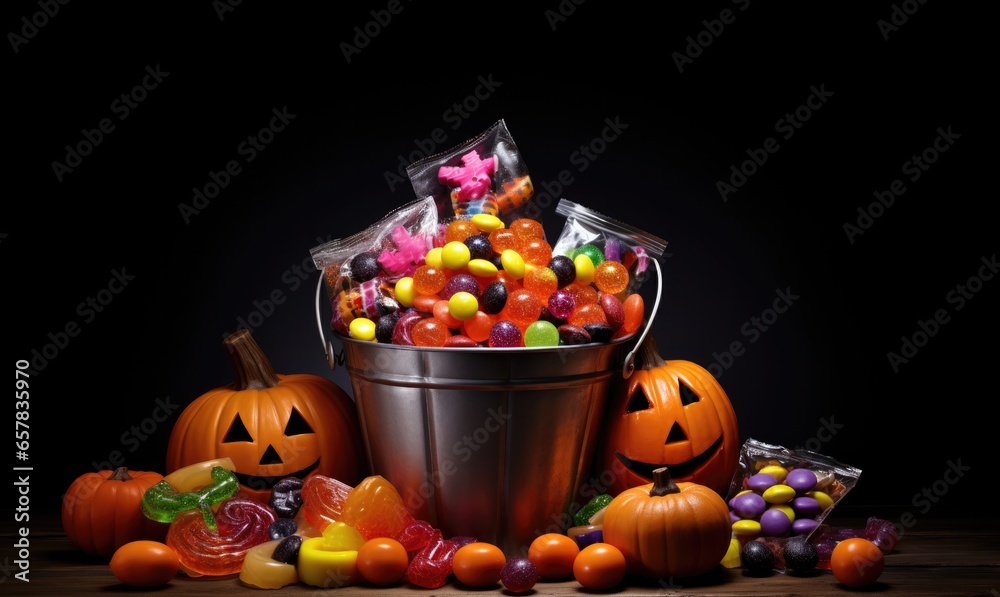 Naklejka premium A bucket full of tasty sweets and candies ready for Halloween. Generative AI.