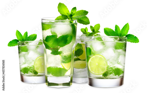 Set of Mojito cocktails, garnished with fresh mint and a slice of lime in a tall glass