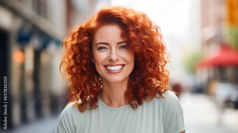 Smiling Adult White Woman with Red Curly Hair Photo. Portrait of Casual Person in City Street. Photorealistic Ai Generated Horizontal Illustration.. Smiling Adult White Woman with Red Curly Hair Photo. Portrait of Casual Person in City Street. Photorealistic Ai Generated Horizontal Illustration..