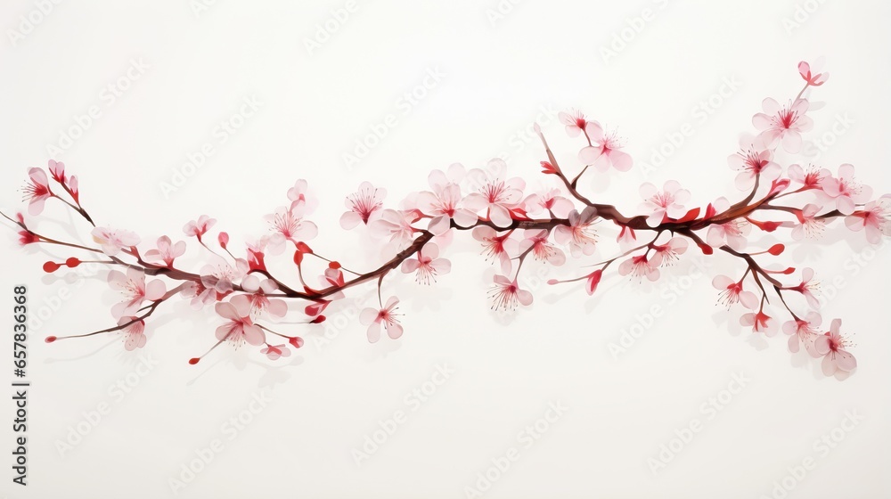  a branch with pink flowers on it against a white background.  generative ai