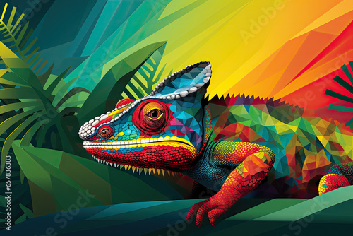 Chameleon in a dynamic pose against a colorful tropical background
