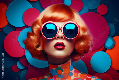 Woman in Sunglasses Amidst a Surrealistic 60s-70s Disco Club Culture, with a Circle Pop Art Background