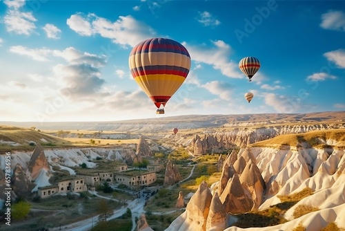 A hot air balloon descends to land in Cappadocia, a globally renowned destination in Turkey.