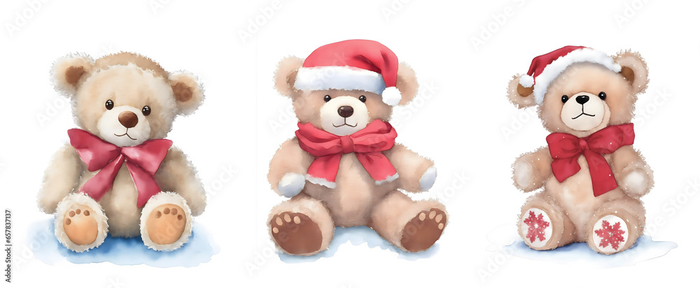 Obraz premium Christmas bears. Three cute New Year's Watercolor plush bears in Christmas decorations. Isolated on white background. Cartoon. Set. Postcards, print, textiles, books, invitations, scrapbooking gift