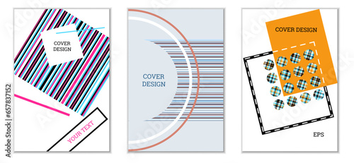 Geometric cover design, set of 3 covers. Abstract unusual background in Memphis style. Bright geometric shapes in random order