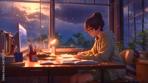 Cool Lofi boy studying at her desk Rainy or cloudy outside beautiful chill atmospheric wallpaper 4K streaming background lofi hiphop style Anime manga style