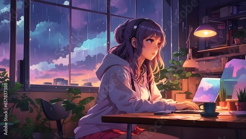 Cool Lofi girl watching  laptop at her desk Rainy or cloudy outside beautiful chill atmospheric cozy  Anime manga style colorful bright colors