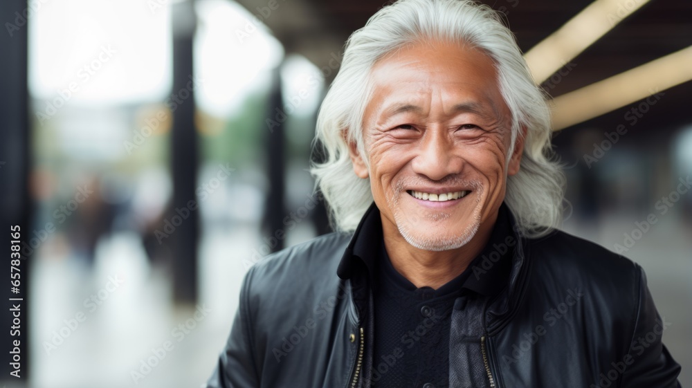 Smiling Old Chinese Man with Blond Straight Hair Photo. Portrait of Casual Person in City Street. Photorealistic Ai Generated Horizontal Illustration.. Smiling Old Chinese Man with Blond Straight Hair Photo. Portrait of Casual Person in City Street. Photorealistic Ai Generated Horizontal Illustration..