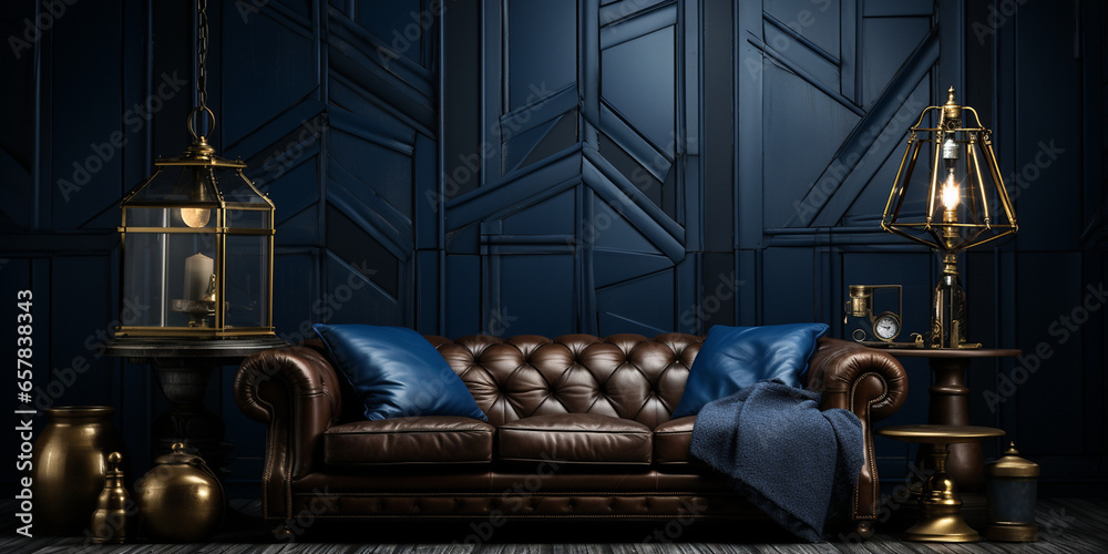 Exclusive Wohnzimmergarnitur Couch aus Leder im edlen modernsten Design in Top aktuellen Farben mit dunklen Hintergrund in Querfomat als Banner, ai, generativ 