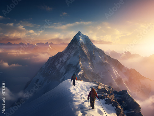 A group of climbers walking to the top of snow covered mountain, people traveling and hiking