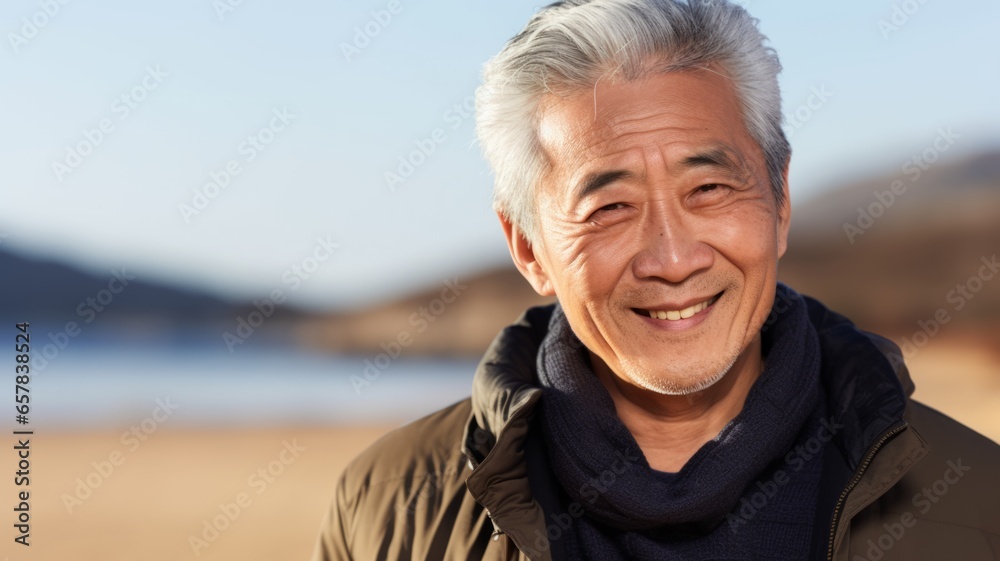 Smiling Old Chinese Man with Brown Straight Hair Photo. Portrait of Casual Person in City Street. Photorealistic Ai Generated Horizontal Illustration..