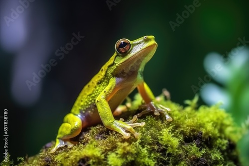Beautiful white tree frog on branch, frog perch on green leaves, beautiful tree frog © idaline!