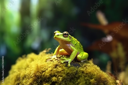 Beautiful white tree frog on branch, frog perch on green leaves, beautiful tree frog