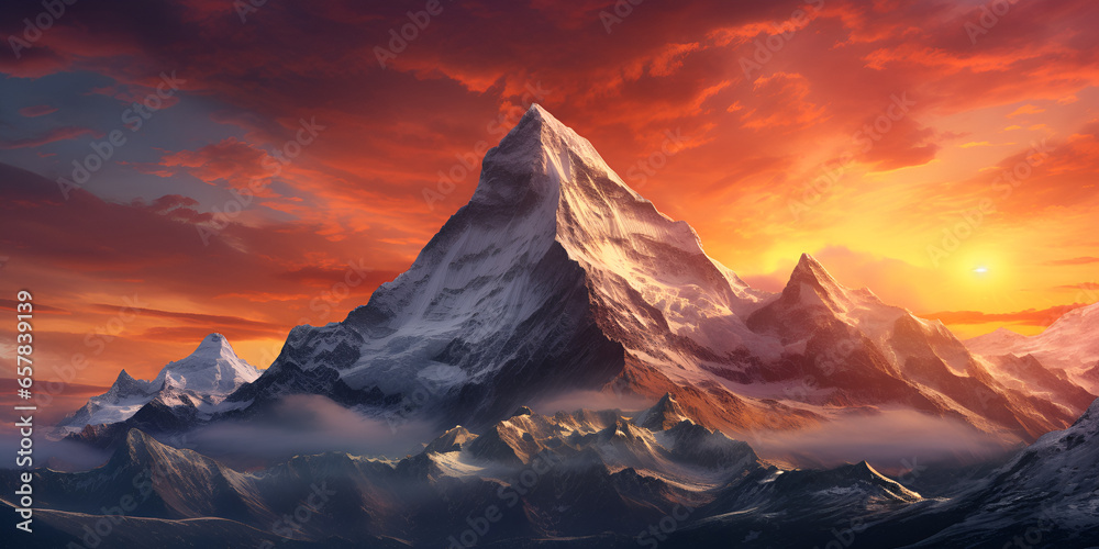 Bright orange sunrise in the mountains with snow, landscape background 