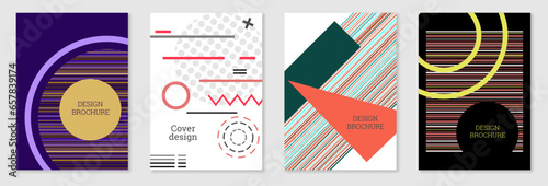 Set of cover design in Memphis style. Geometric design, abstract background. Fashionable bright cover, banner, poster, booklet. Creative colors.