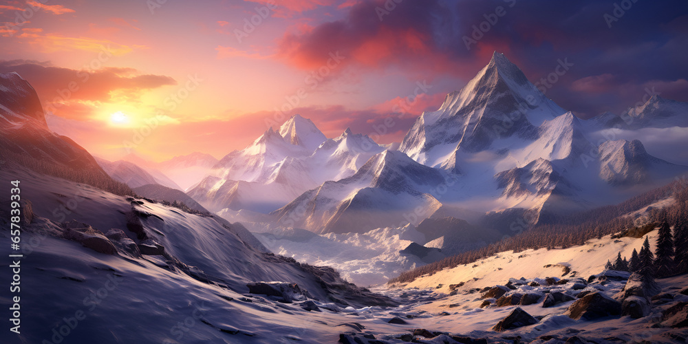 Bright orange sunrise in the mountains with snow, landscape background 