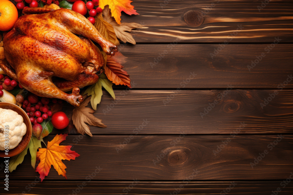 Roasted turkey with fruits on rustic wooden table. Thanksgiving dinner with baked poultry. Tasty food Roasted turkey with fruits on rustic wooden table. Thanksgiving dinner with baked poultry. Tasty food