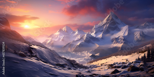Bright orange sunrise in the mountains with snow  landscape background 